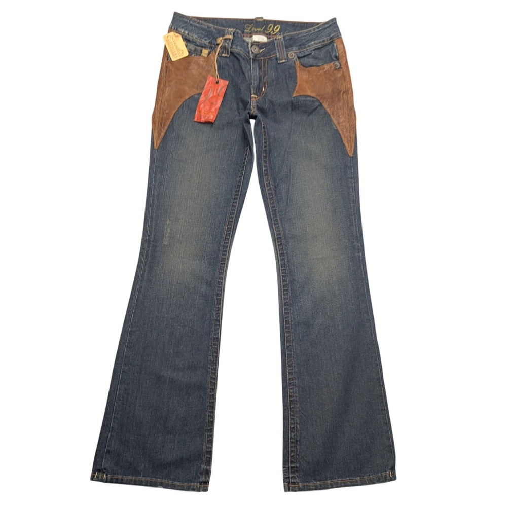 Y2K NWT Level 99 Flare Jeans Womens 30 Leather Trim Western Low Rise Made in USA